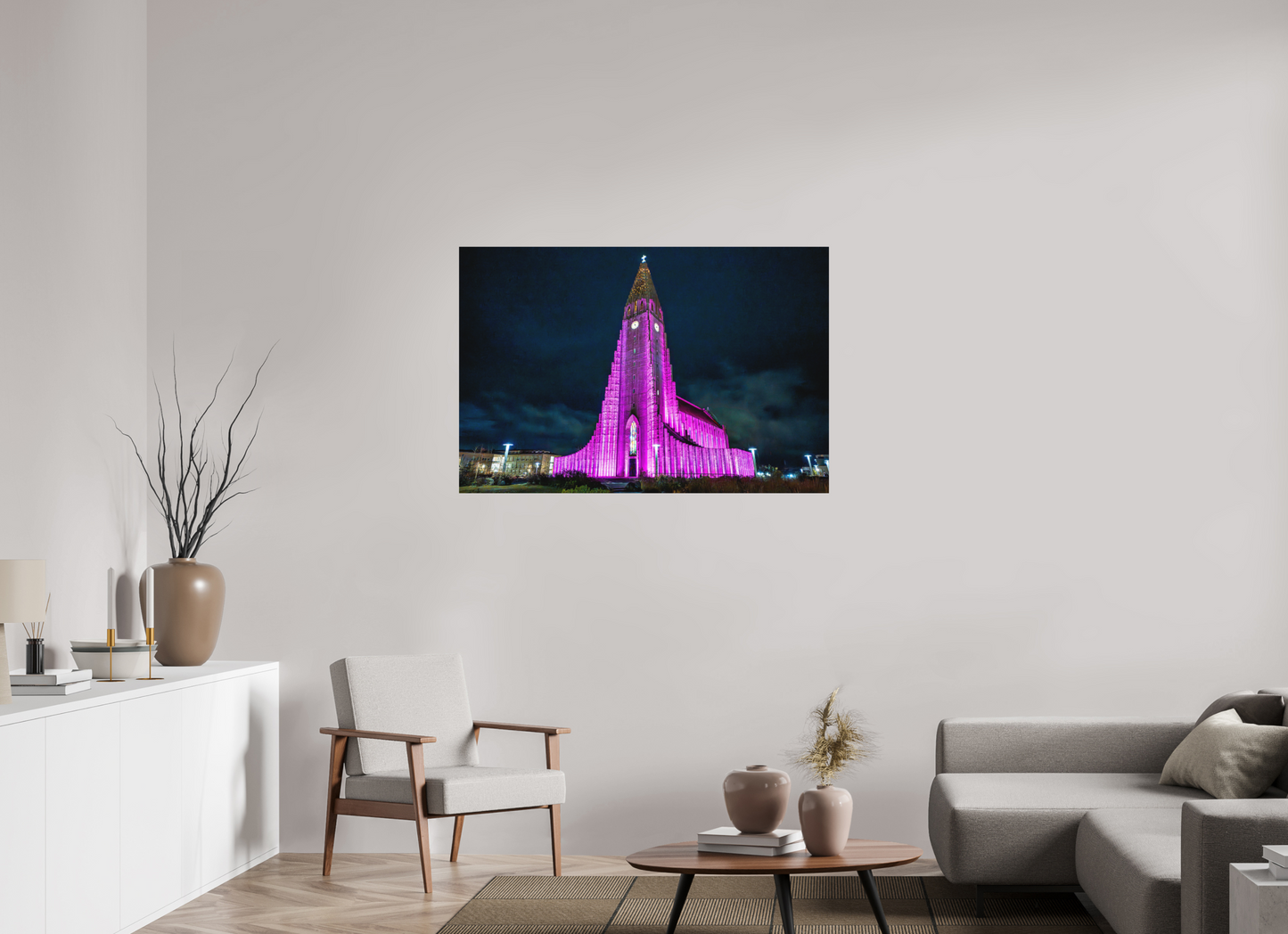 120 x 80 cm, Hahnemühle Photo Rag Bright White Hallgrímskirkja in Pink – Reykjavík