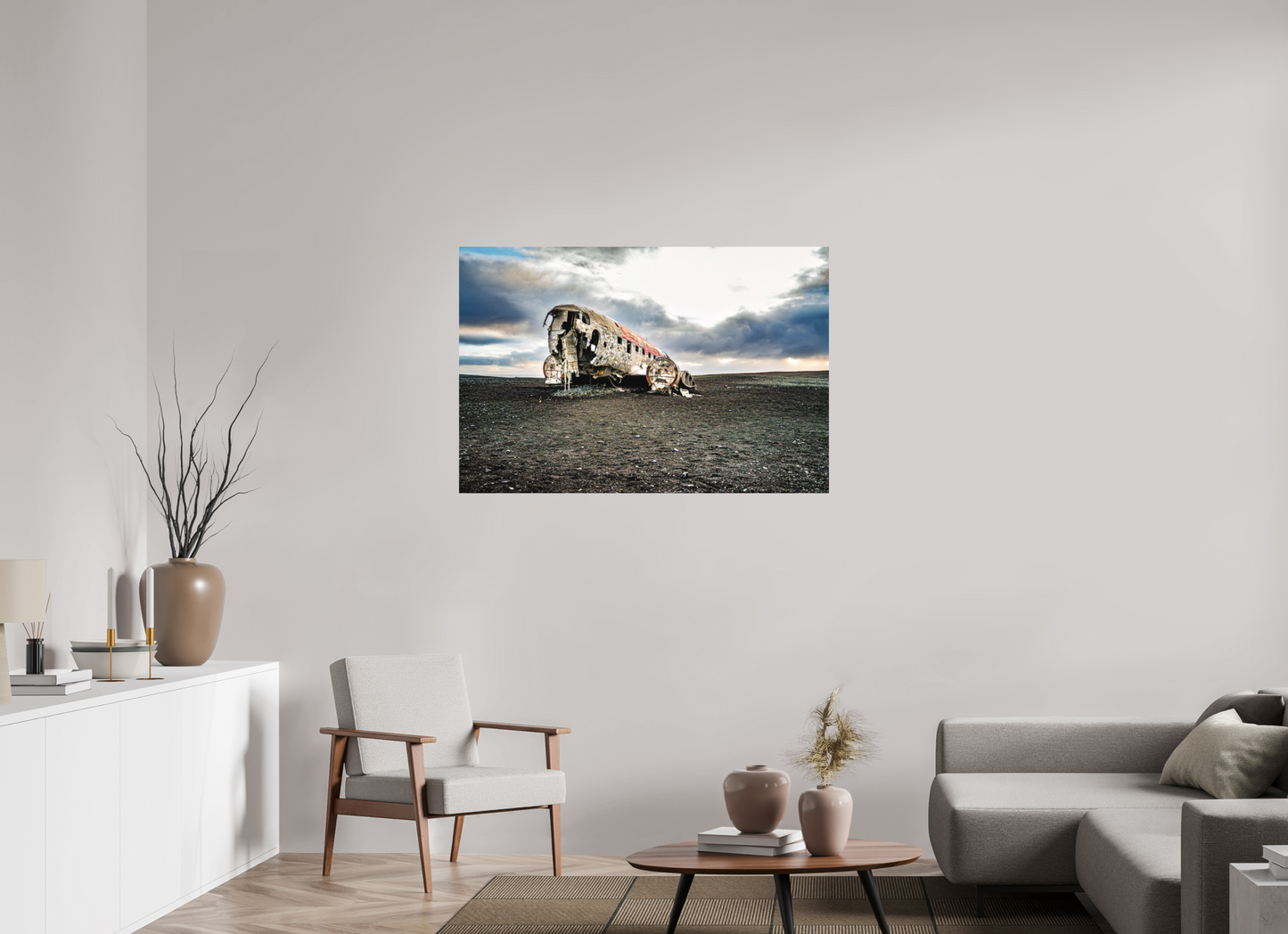 120 x 80 cm, Hahnemühle Photo Rag Bright White Verlassenes Flugzeugwrack im schwarzen Sand