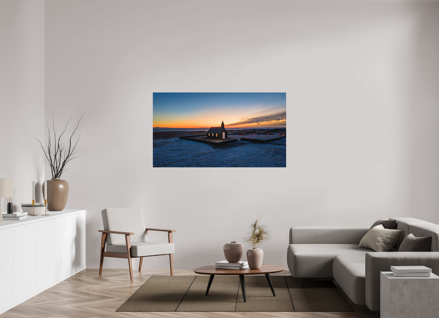 160 x 90 cm, Hahnemühle Photo Rag Bright White Budirkirkja im Morgenlicht – stille Belohnung
