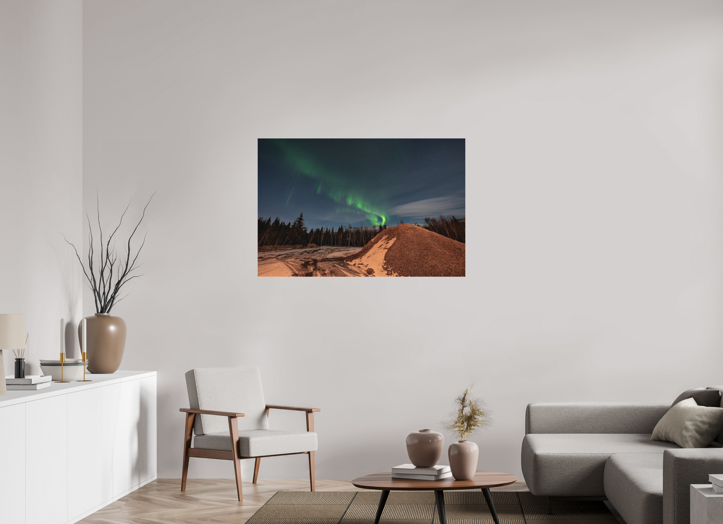 120 x 80 cm, Hahnemühle Photo Rag Bright White Nordlicht über dem Winterwald – Island