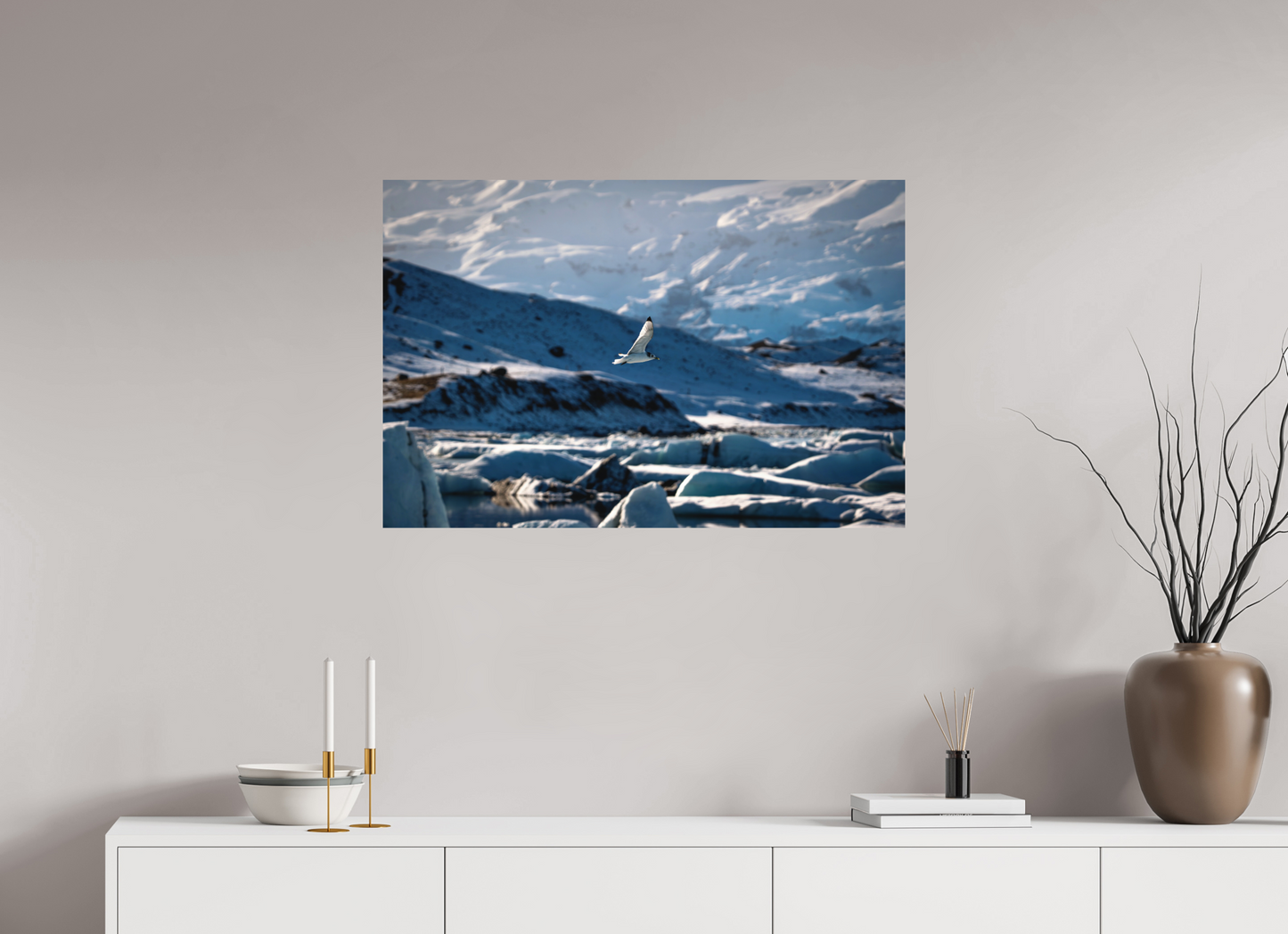 90 x 60 cm, Hahnemühle Photo Rag Bright White Vogel über Jökulsárlón