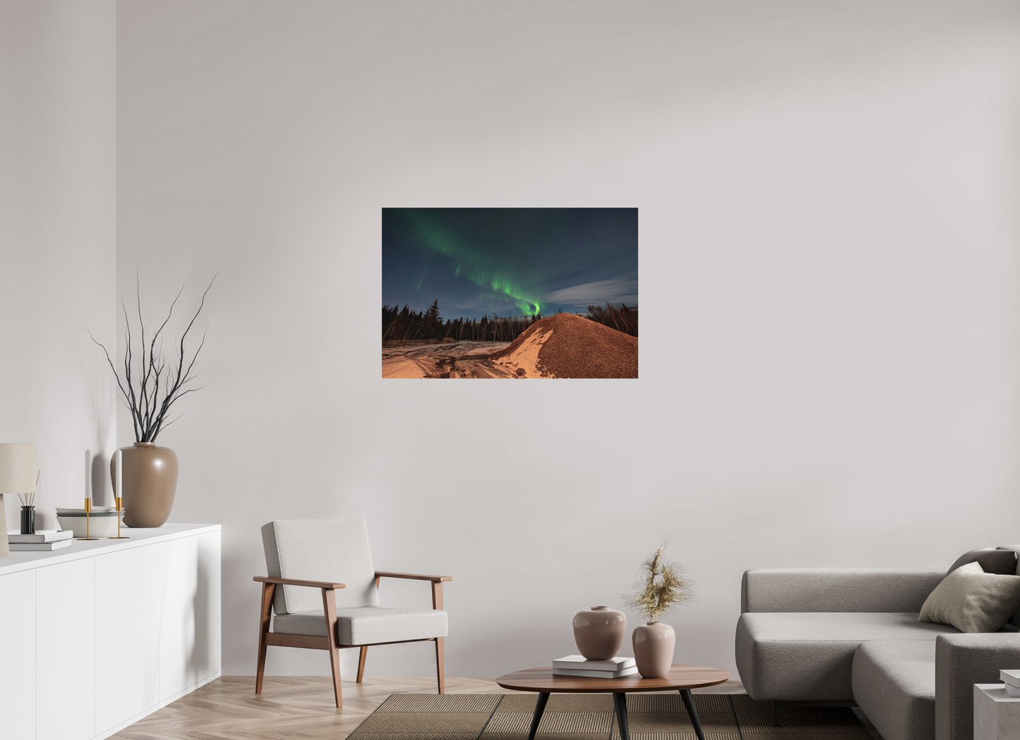105 x 70 cm, Hahnemühle Photo Rag Bright White Nordlicht über dem Winterwald – Island
