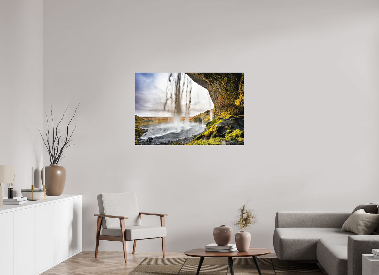 120 x 80 cm, Hahnemühle Photo Rag Bright White Hinter dem Schleier – Blick aus der Höhle des Seljalandsfoss