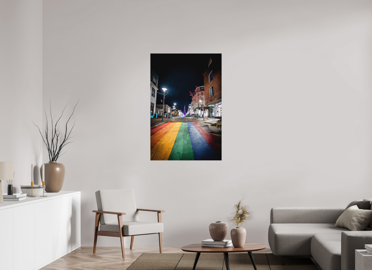 80 x 120 cm, Hahnemühle Photo Rag Bright White Reykjavíks Regenbogenstraße bei Nacht