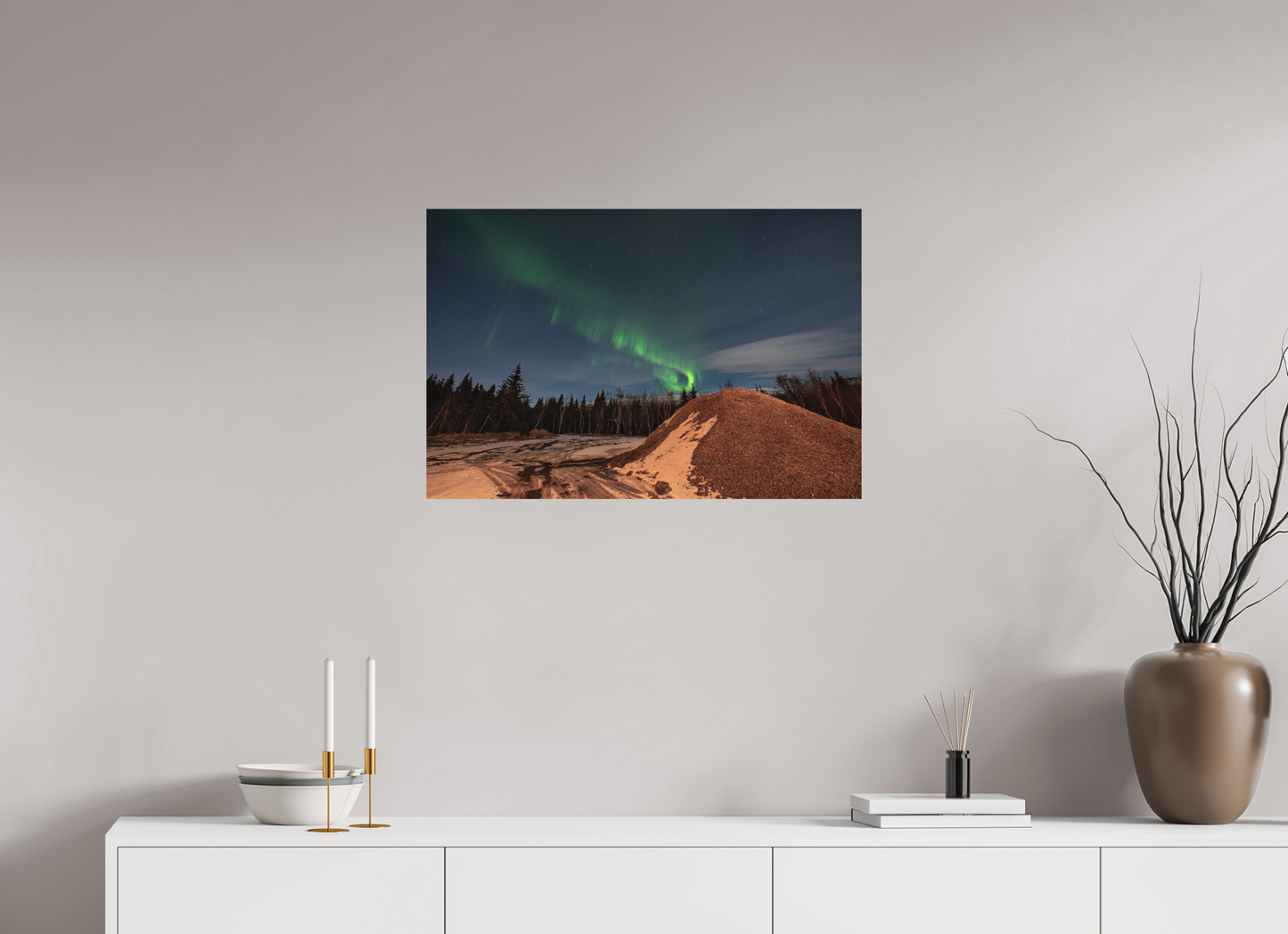 75 x 50 cm, Hahnemühle Photo Rag Bright White Nordlicht über dem Winterwald – Island