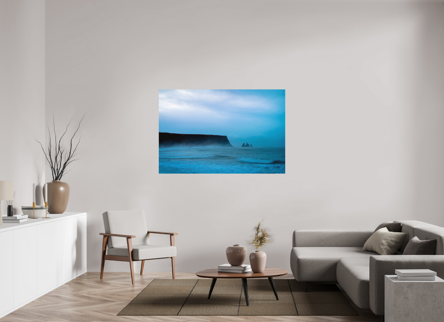 150 x 100 cm, Hahnemühle Photo Rag Bright White Reynisdrangar im blauen Morgennebel