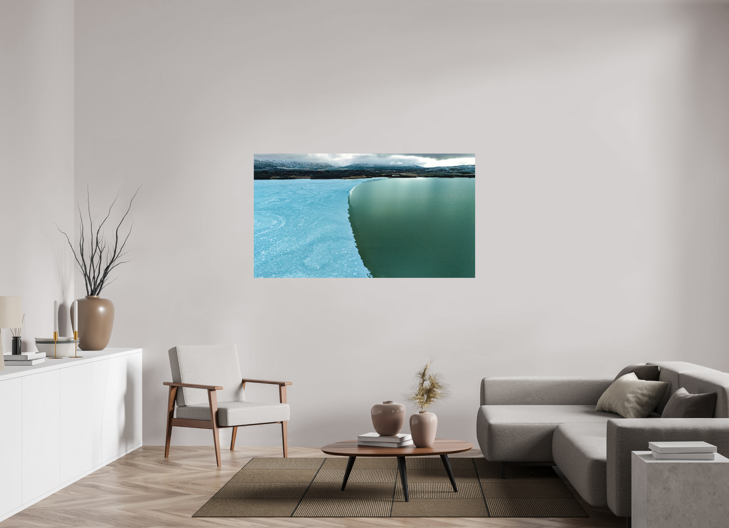 160 x 90 cm, Hahnemühle Photo Rag Bright White Eisgrenze am See – Islands stille Winterlinie