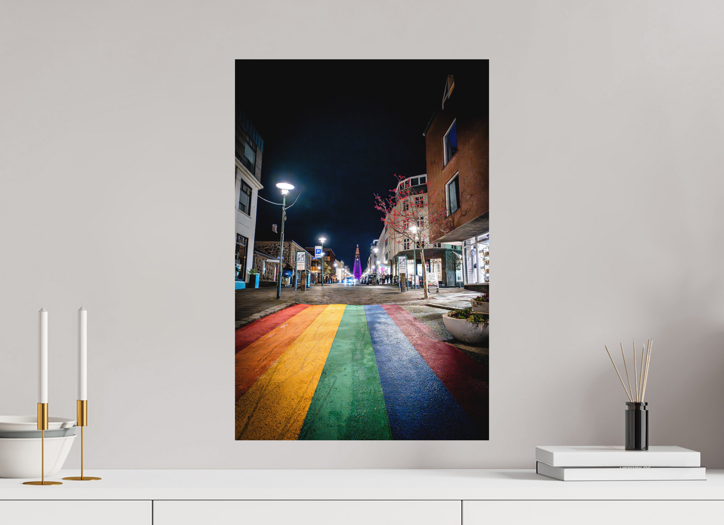 40 x 60 cm, Hahnemühle Photo Rag Bright White Reykjavíks Regenbogenstraße bei Nacht