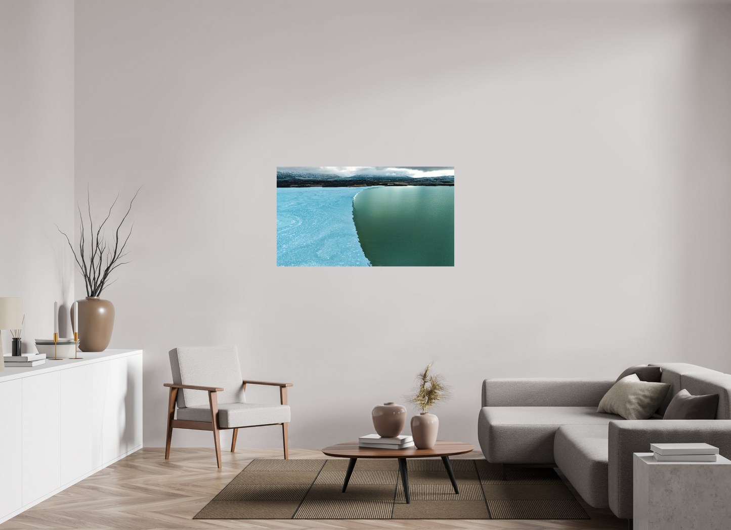 128 x 72 cm, Hahnemühle Photo Rag Bright White Eisgrenze am See – Islands stille Winterlinie