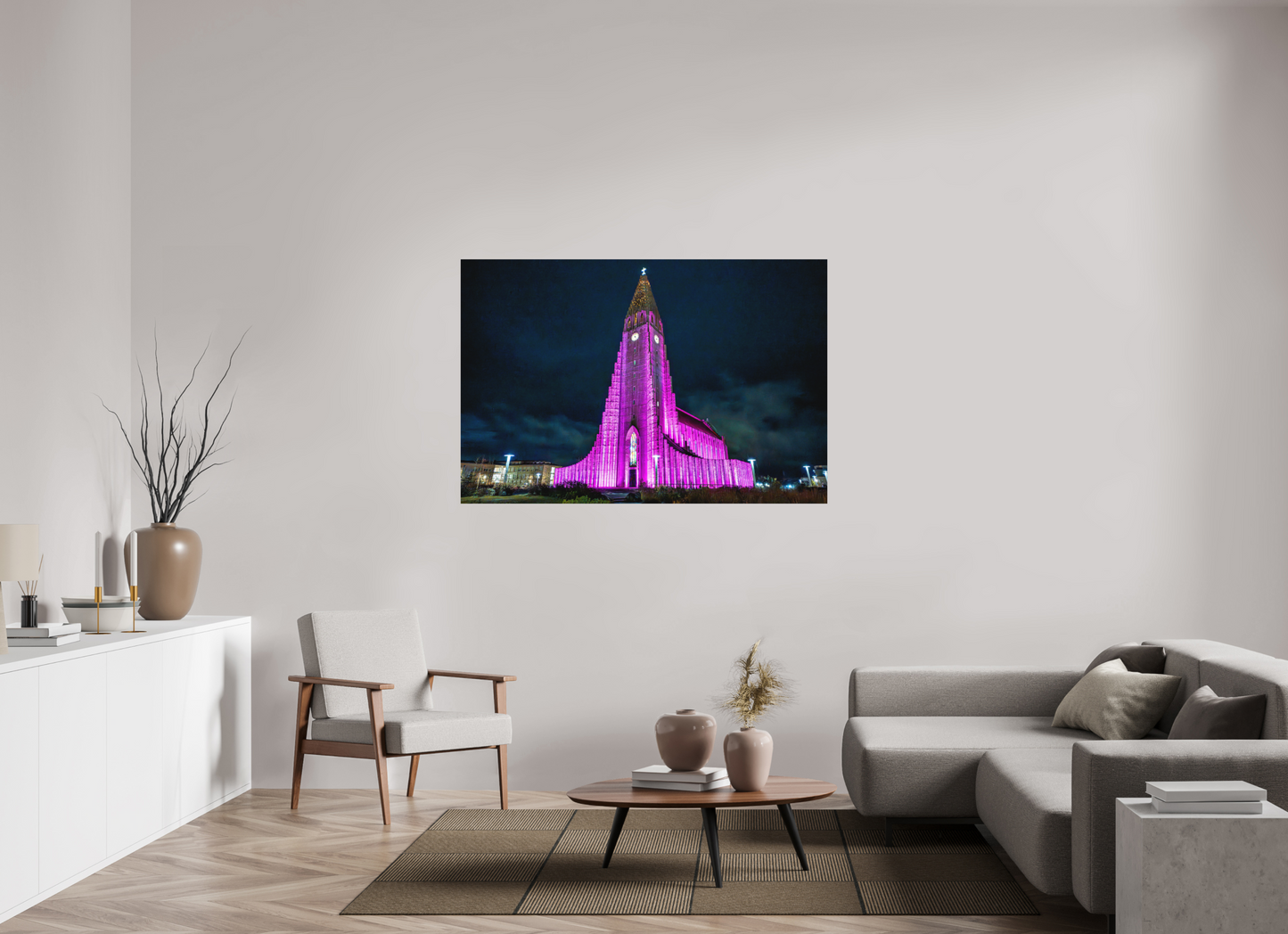 150 x 100 cm, Hahnemühle Photo Rag Bright White Hallgrímskirkja in Pink – Reykjavík