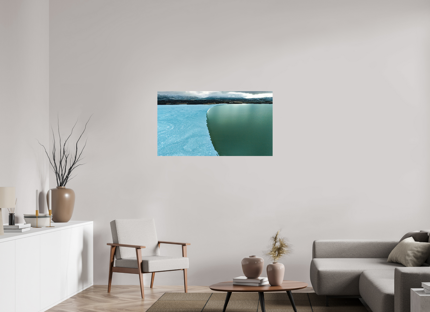 112 x 63 cm, Hahnemühle Photo Rag Bright White Eisgrenze am See – Islands stille Winterlinie