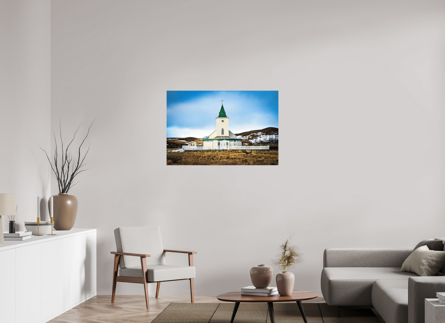 105 x 70 cm, Hahnemühle Photo Rag Bright White Grüne Dorfkirche – Island