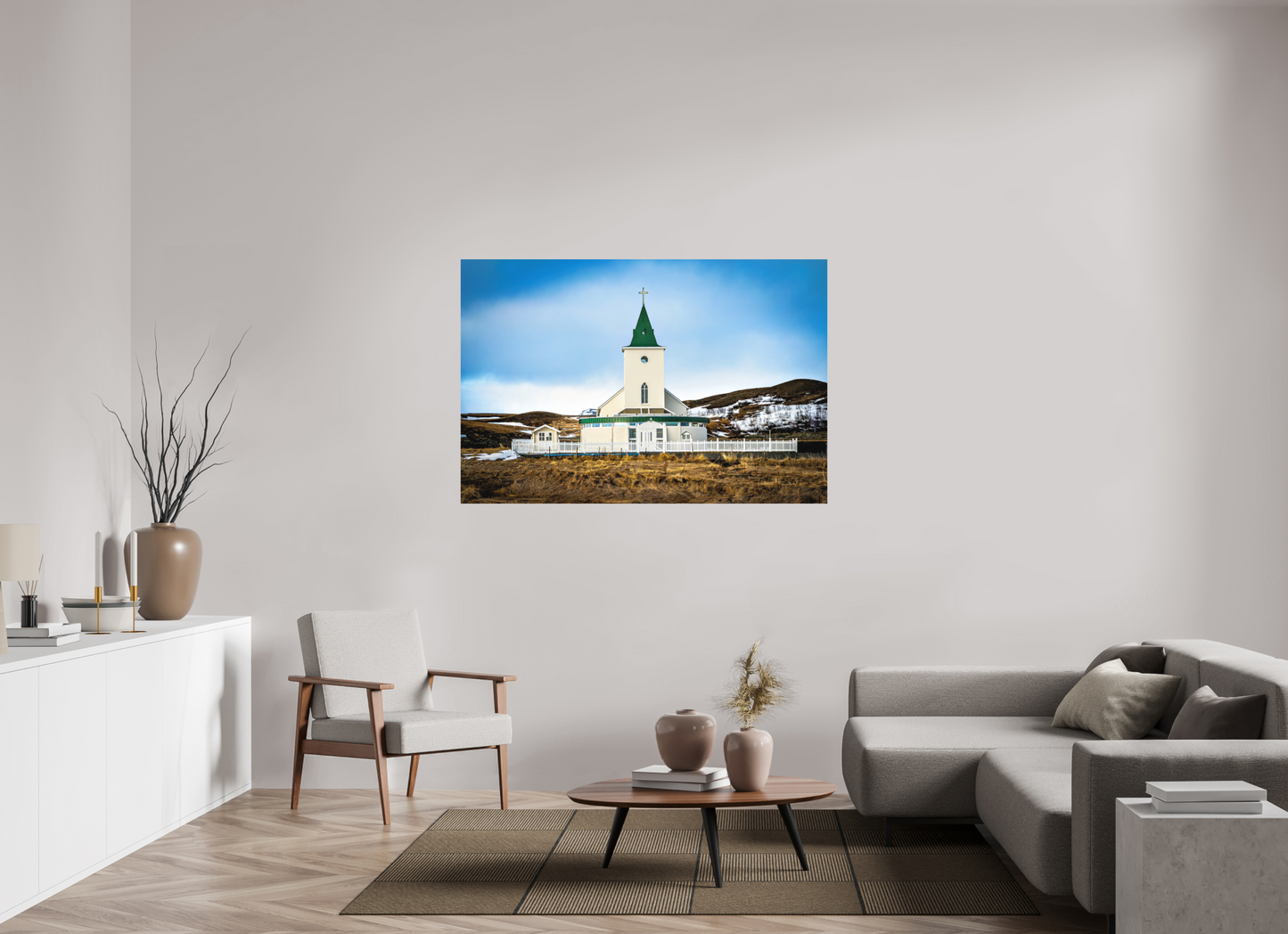 150 x 100 cm, Hahnemühle Photo Rag Bright White Grüne Dorfkirche – Island