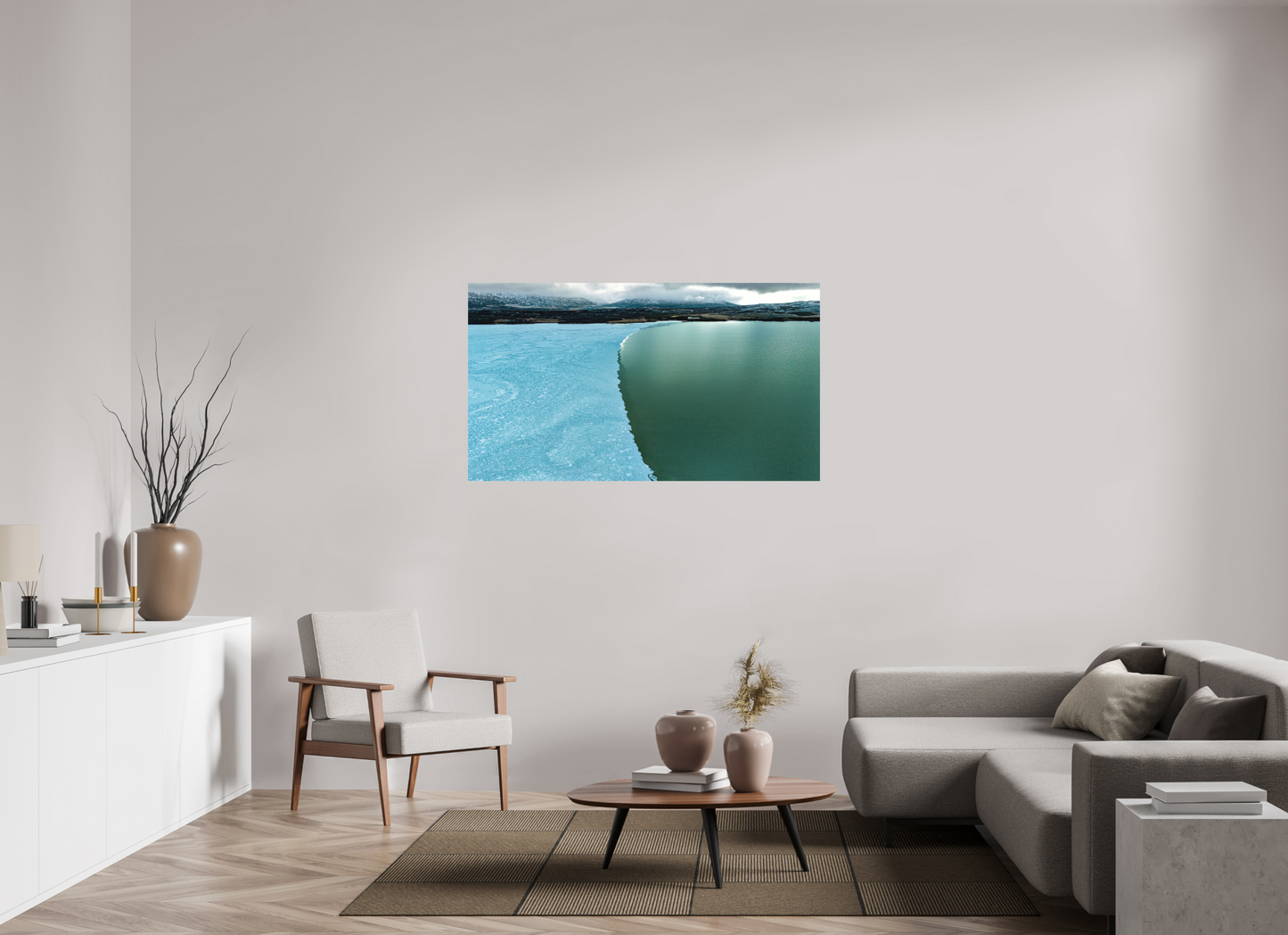 144 x 81 cm, Hahnemühle Photo Rag Bright White Eisgrenze am See – Islands stille Winterlinie