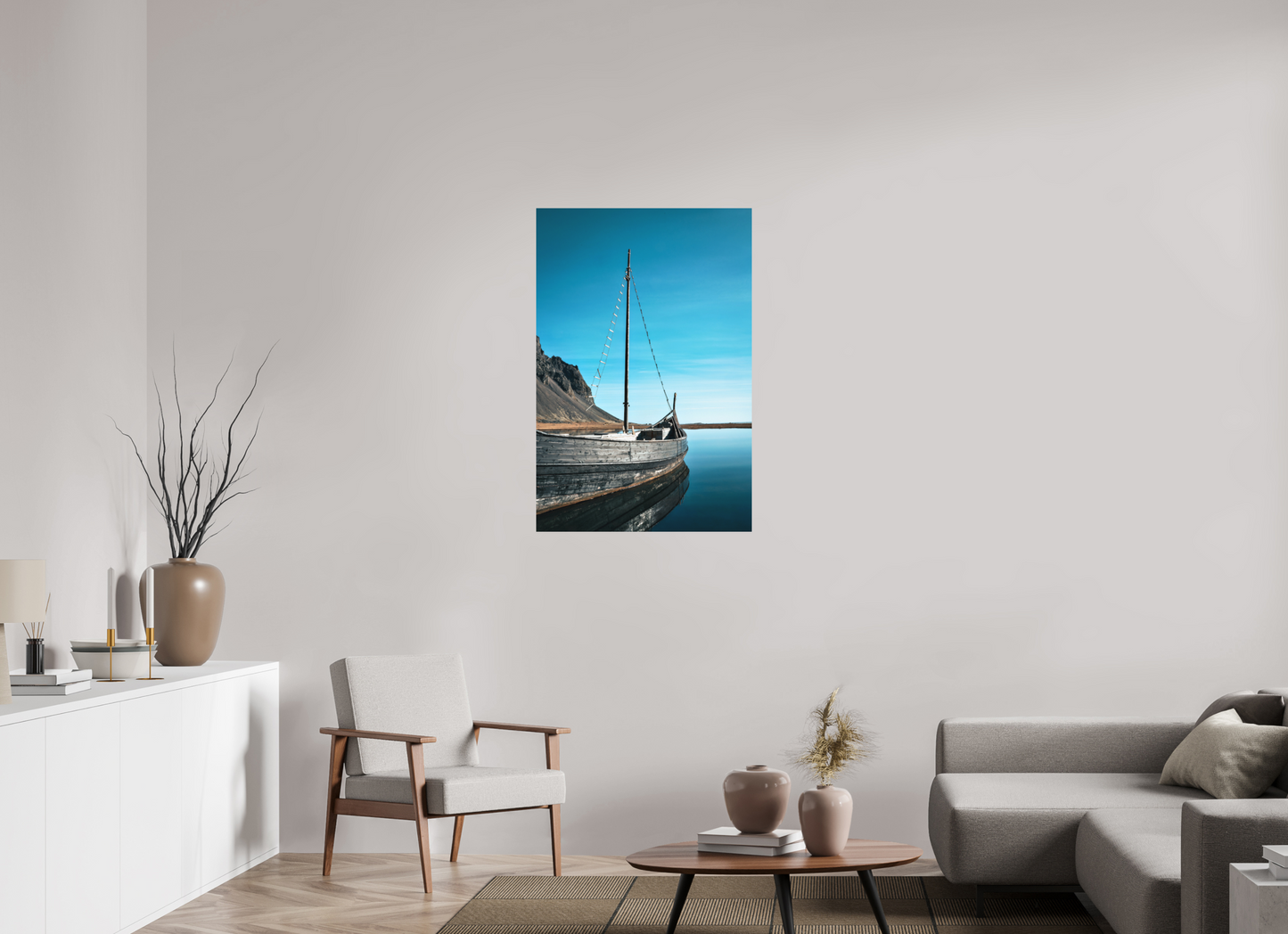70 x 105 cm, Hahnemühle Photo Rag Bright White Wikingerboot am Vestrahorn – Stille am Ende der Welt