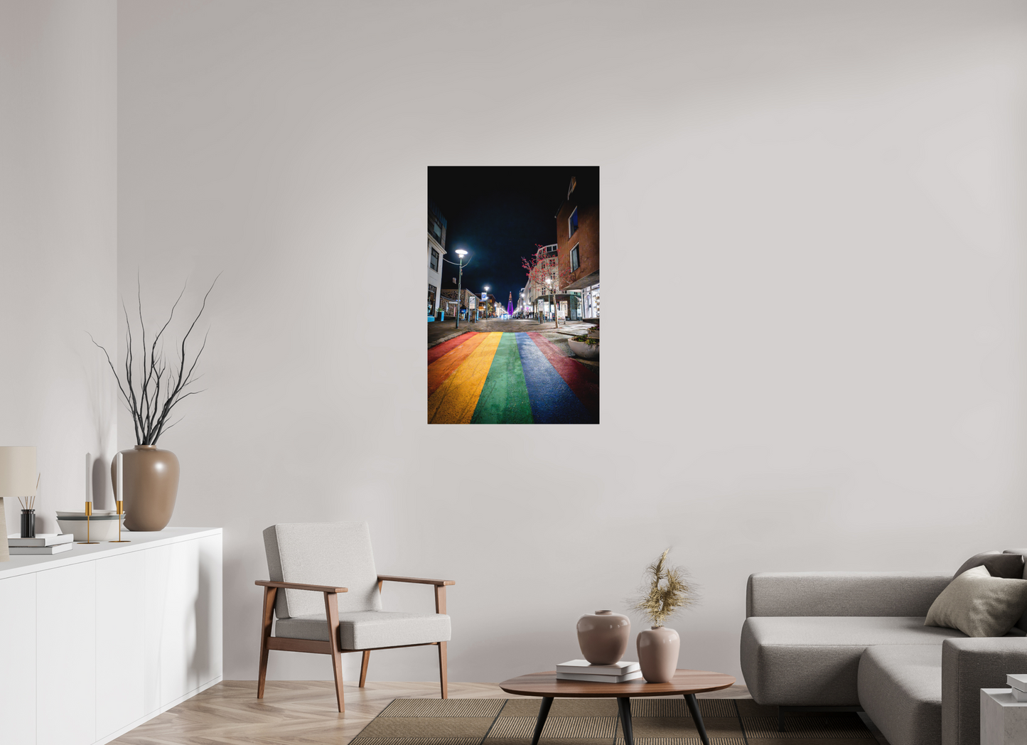 70 x 105 cm, Hahnemühle Photo Rag Bright White Reykjavíks Regenbogenstraße bei Nacht
