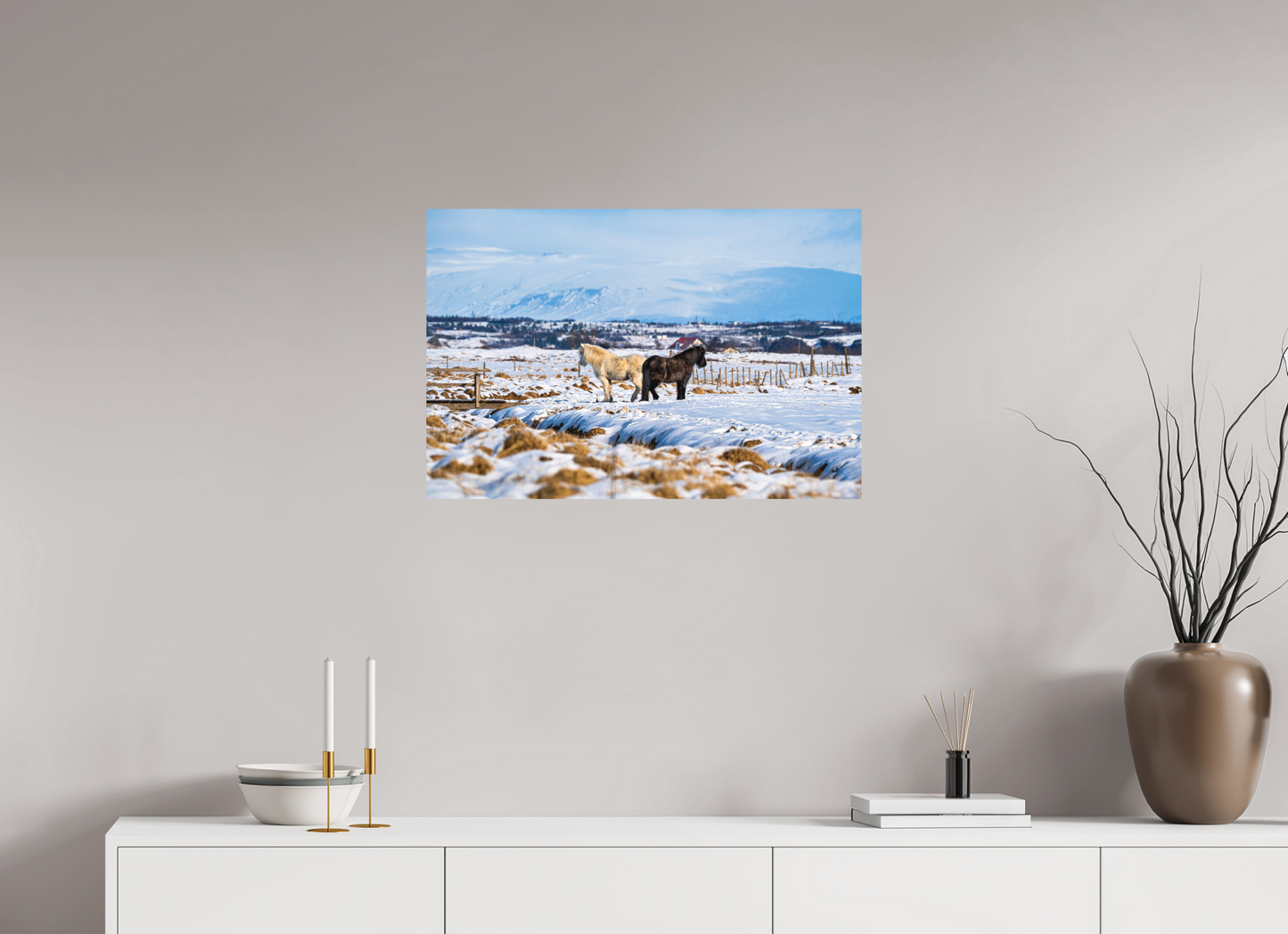 75 x 50 cm, Hahnemühle Photo Rag Bright White Winterruhe – Islandpferde im Schneeland