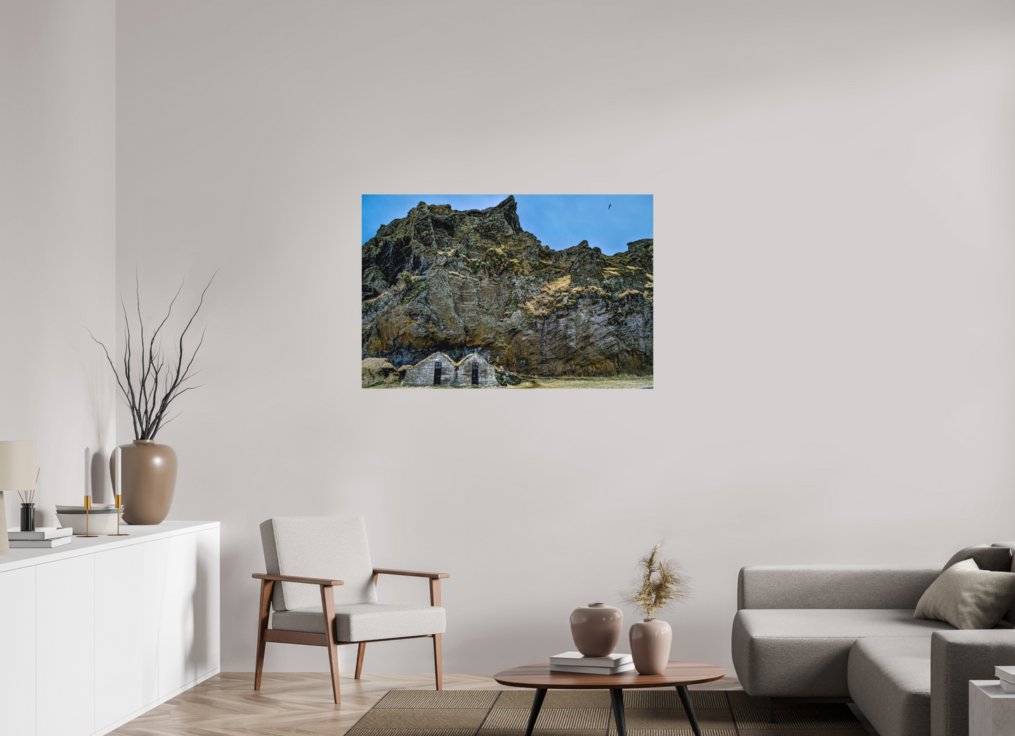 120 x 80 cm, Hahnemühle Photo Rag Bright White Bergschatten – Versteckte Häuser von Island