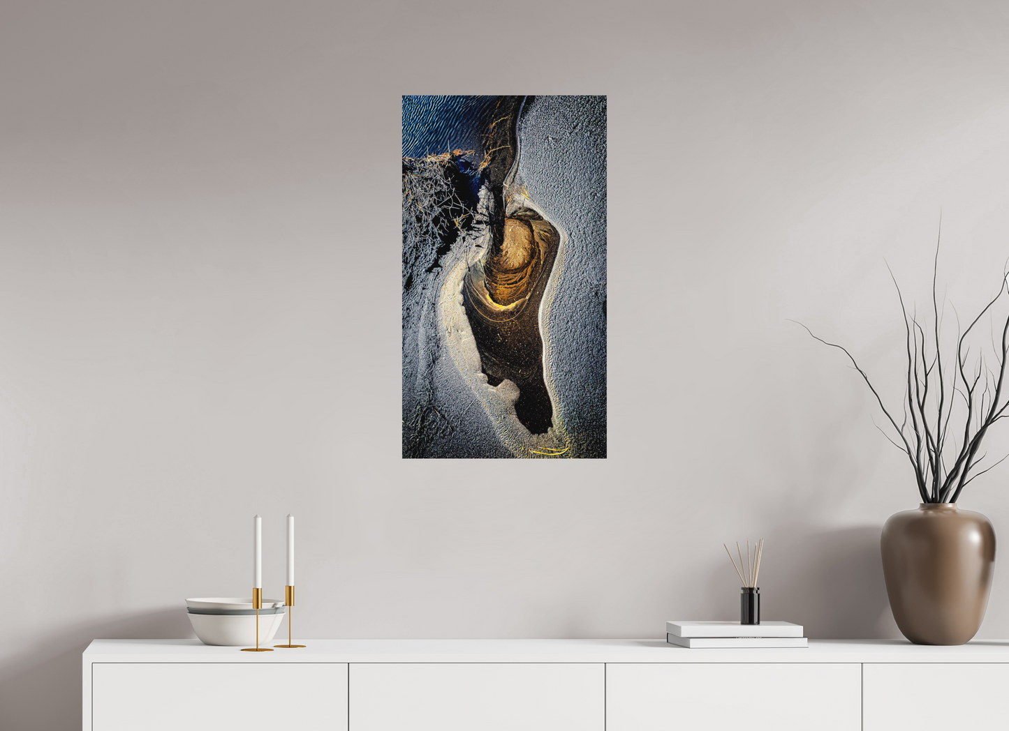 45 x 80 cm, Hahnemühle Photo Rag Bright White Abstrakte Sandformation in Gold und Schwarz
