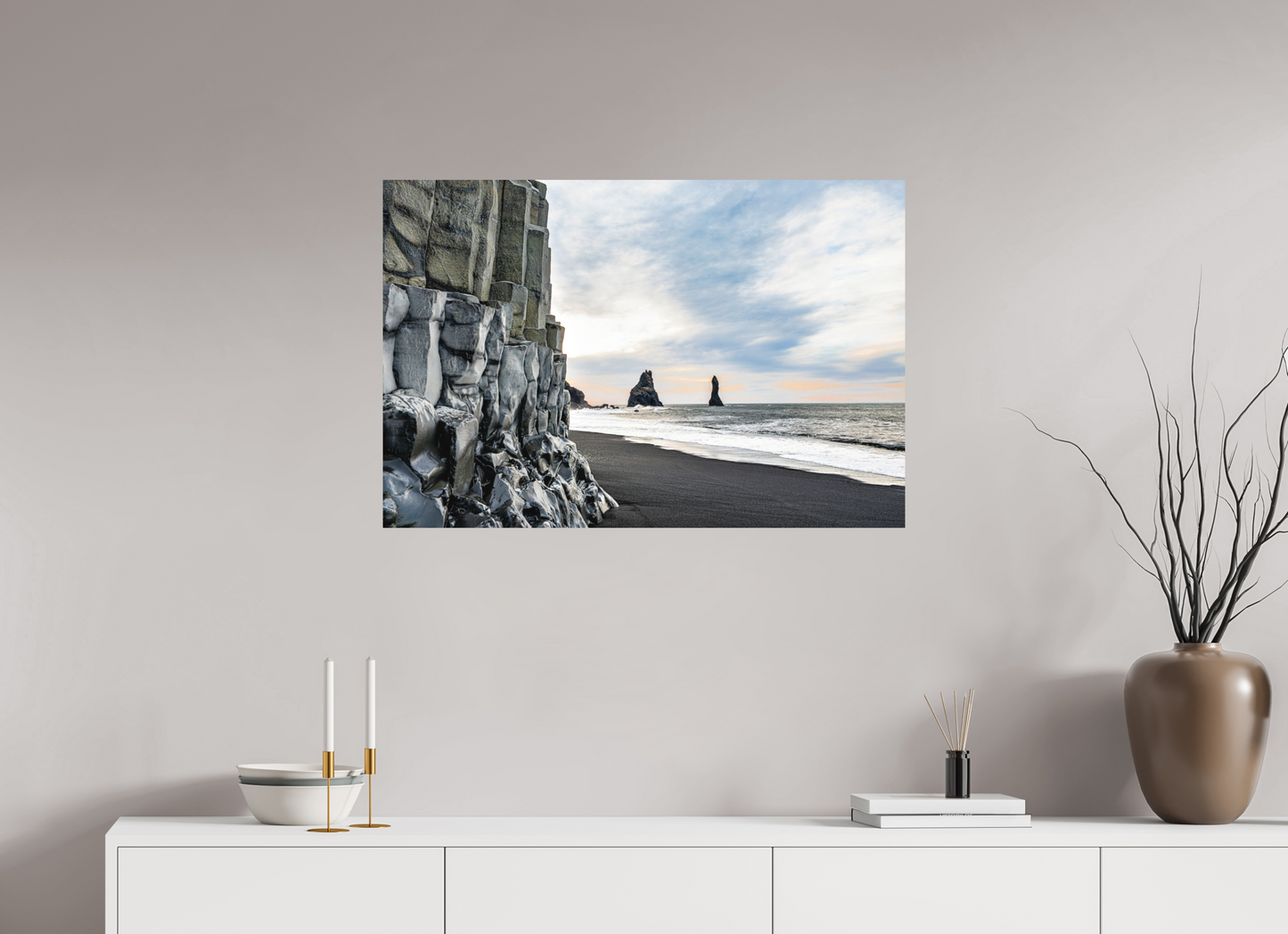 90 x 60 cm, Hahnemühle Photo Rag Bright White Reynisfjara – Basalt im Winterlicht