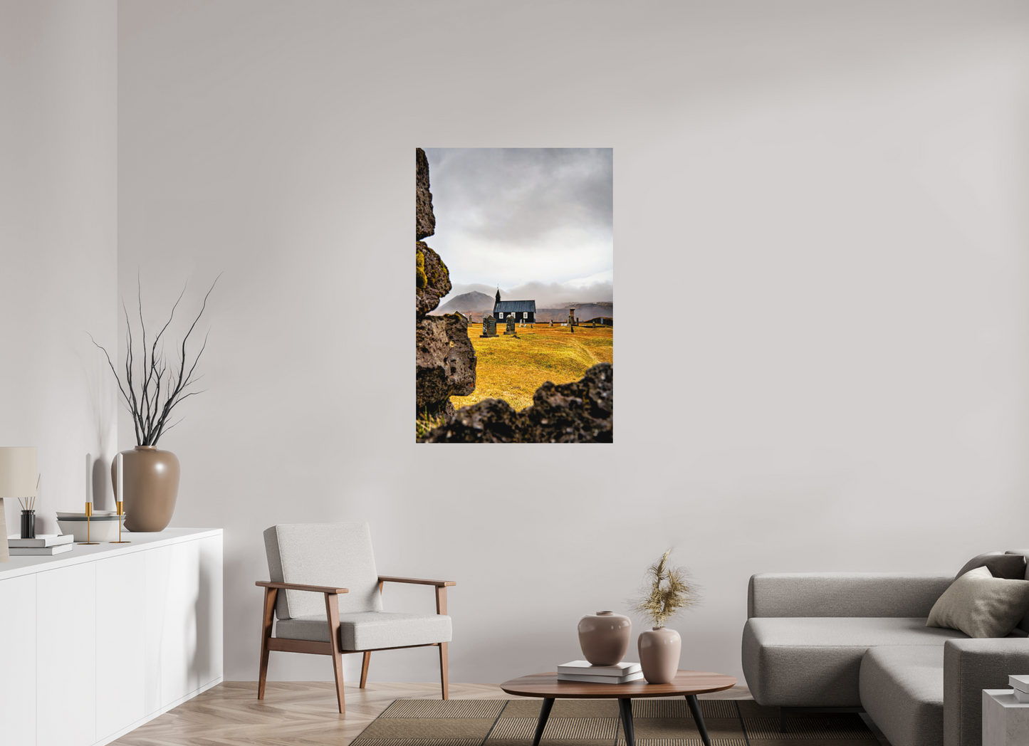 80 x 120 cm, Hahnemühle Photo Rag Bright White Búðakirkja – Schwarze Kirche im Nebel