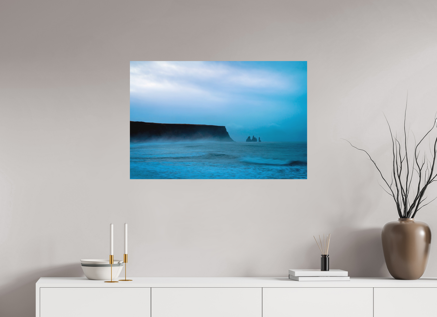 90 x 60 cm, Hahnemühle Photo Rag Bright White Reynisdrangar im blauen Morgennebel