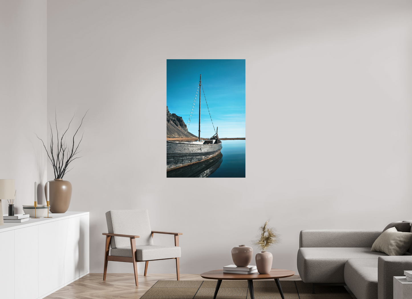80 x 120 cm, Hahnemühle Photo Rag Bright White Wikingerboot am Vestrahorn – Stille am Ende der Welt
