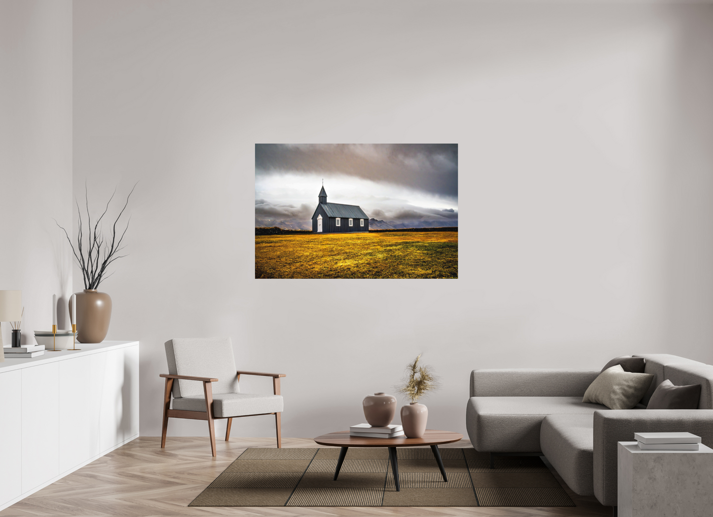 150 x 100 cm, Hahnemühle Photo Rag Bright White Búðakirkja – Einsamkeit vor der Bergkulisse