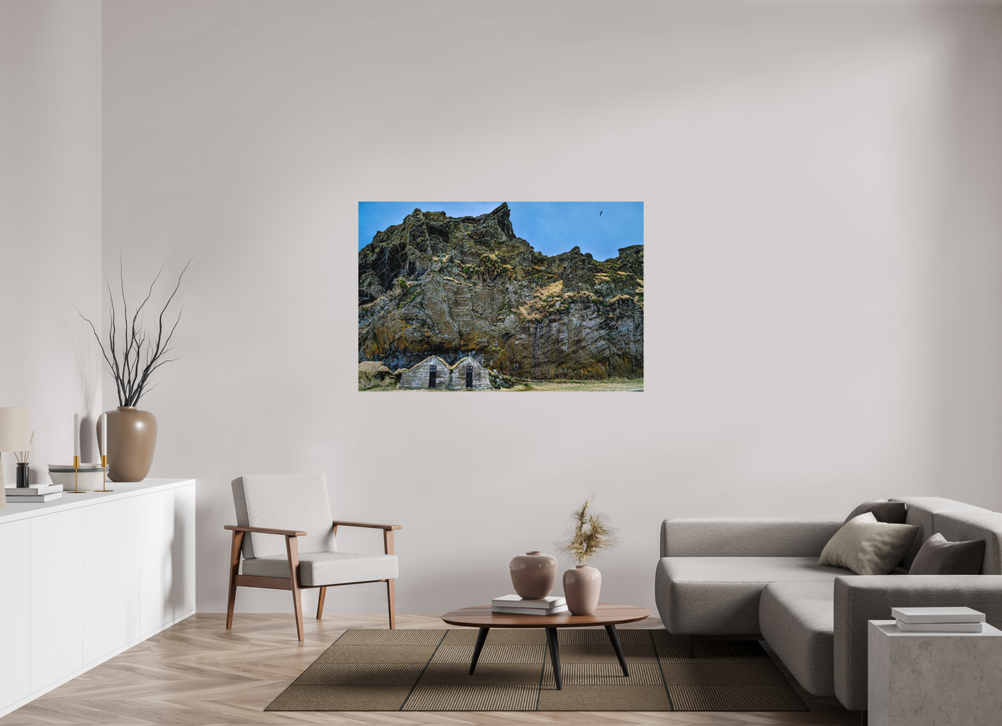 150 x 100 cm, Hahnemühle Photo Rag Bright White Bergschatten – Versteckte Häuser von Island