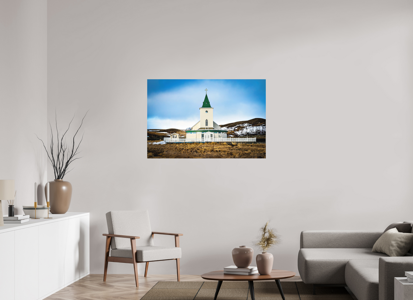 120 x 80 cm, Hahnemühle Photo Rag Bright White Grüne Dorfkirche – Island