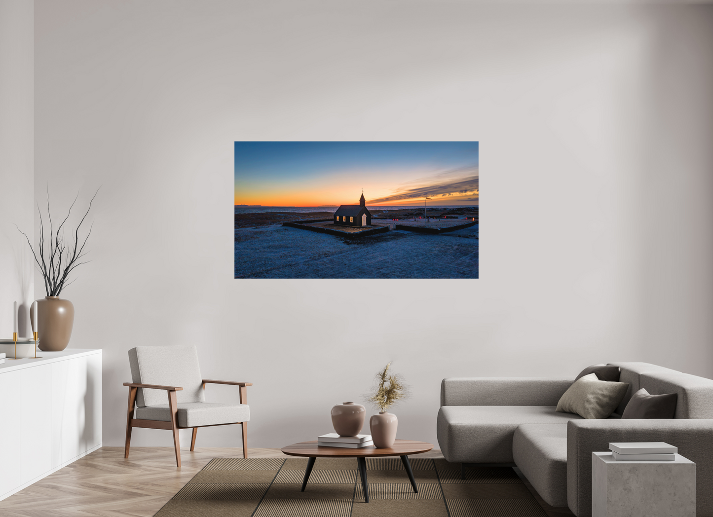 176 x 99 cm, Hahnemühle Photo Rag Bright White Budirkirkja im Morgenlicht – stille Belohnung