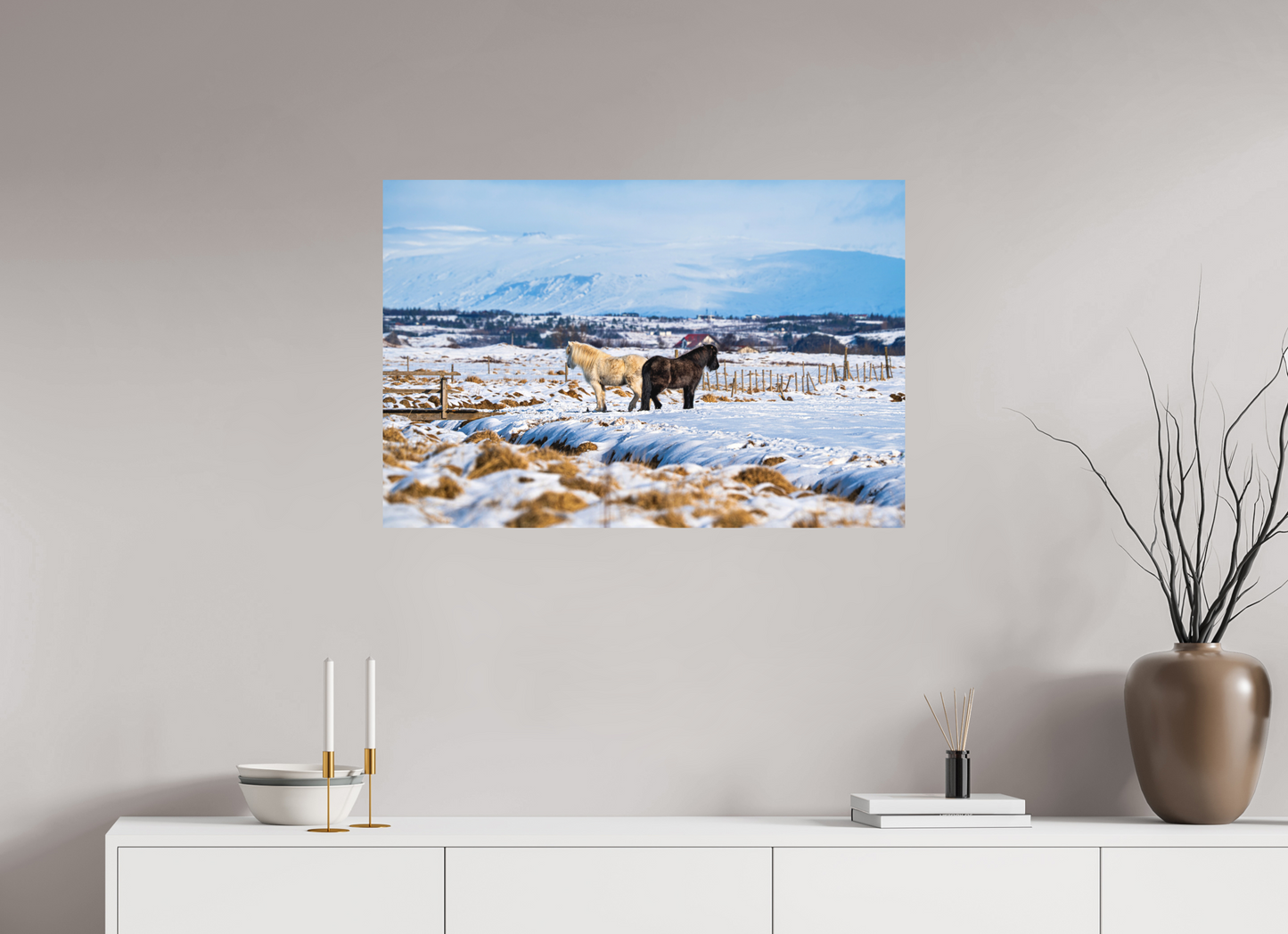 90 x 60 cm, Hahnemühle Photo Rag Bright White Winterruhe – Islandpferde im Schneeland