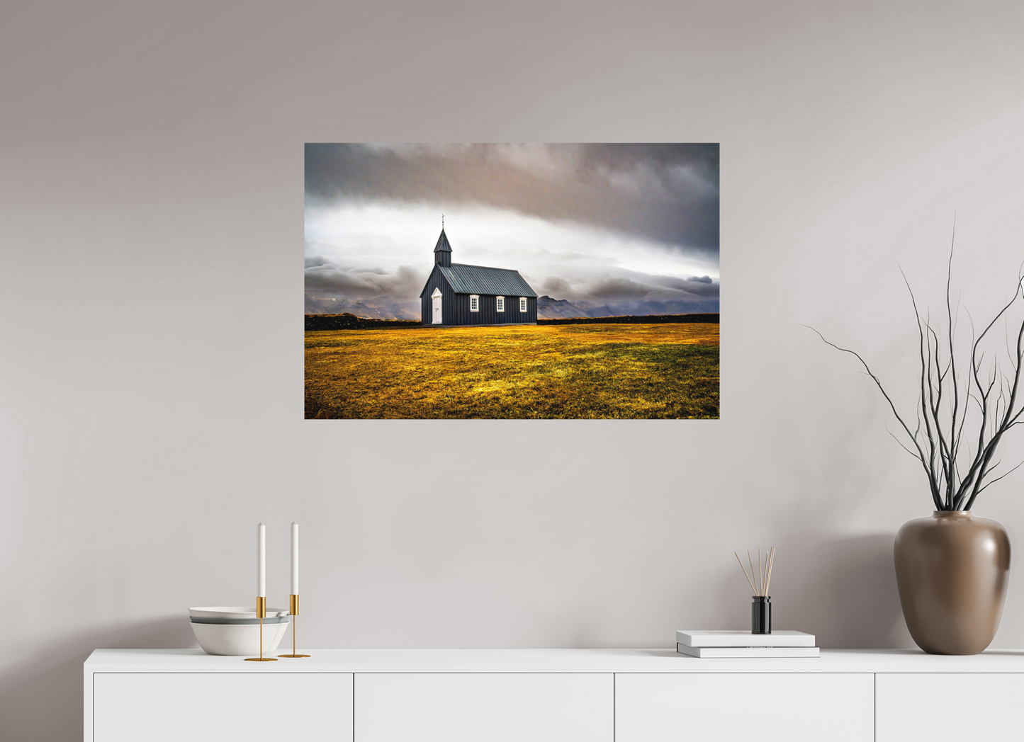 90 x 60 cm, Hahnemühle Photo Rag Bright White Búðakirkja – Einsamkeit vor der Bergkulisse