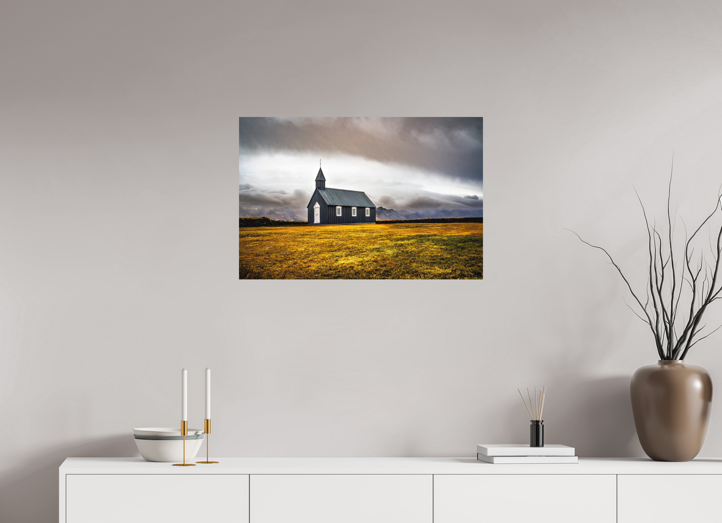 75 x 50 cm, Hahnemühle Photo Rag Bright White Búðakirkja – Einsamkeit vor der Bergkulisse