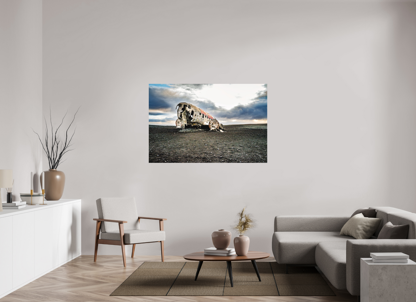 150 x 100 cm, Hahnemühle Photo Rag Bright White Verlassenes Flugzeugwrack im schwarzen Sand