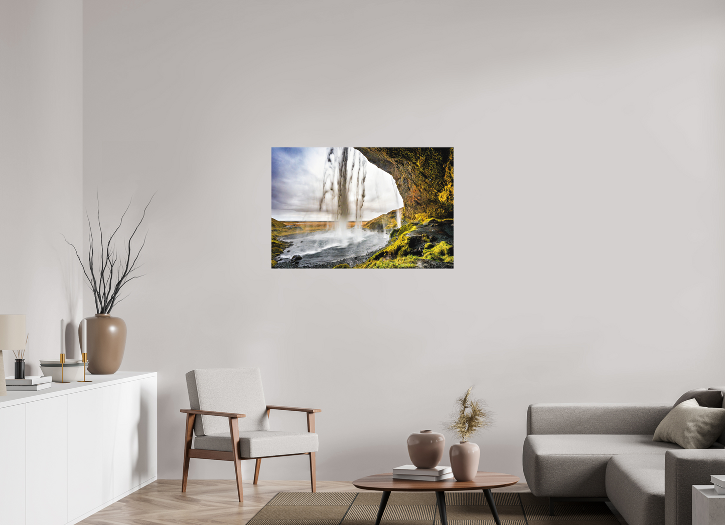 105 x 70 cm, Hahnemühle Photo Rag Bright White Hinter dem Schleier – Blick aus der Höhle des Seljalandsfoss