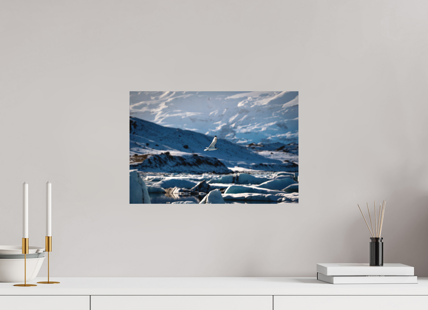 45 x 30 cm, Hahnemühle Photo Rag Bright White Vogel über Jökulsárlón