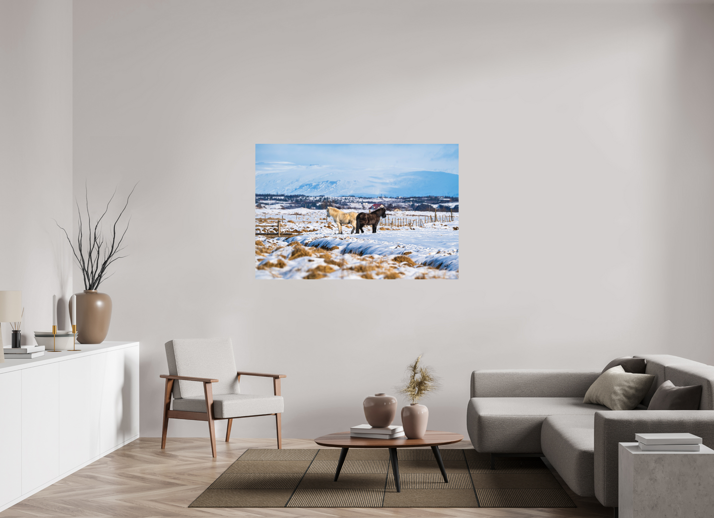 150 x 100 cm, Hahnemühle Photo Rag Bright White Winterruhe – Islandpferde im Schneeland