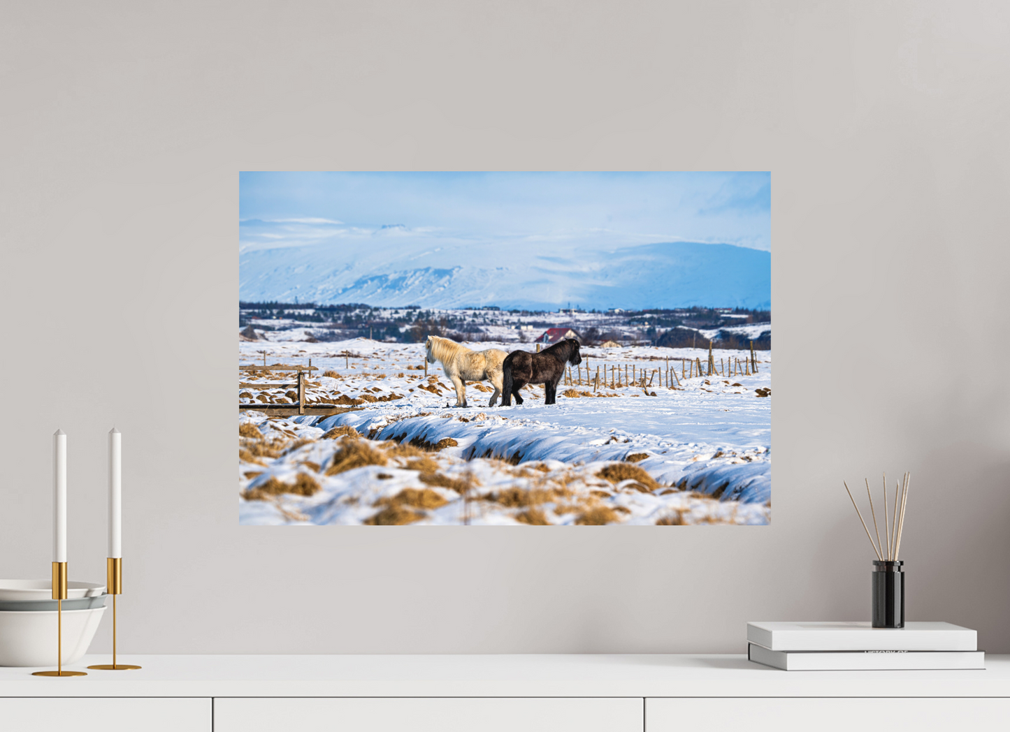 60 x 40 cm, Hahnemühle Photo Rag Bright White Winterruhe – Islandpferde im Schneeland