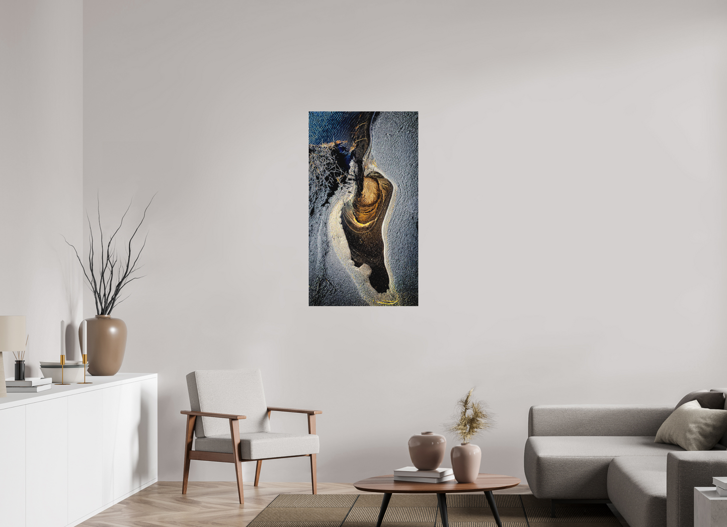 63 x 112 cm, Hahnemühle Photo Rag Bright White Abstrakte Sandformation in Gold und Schwarz