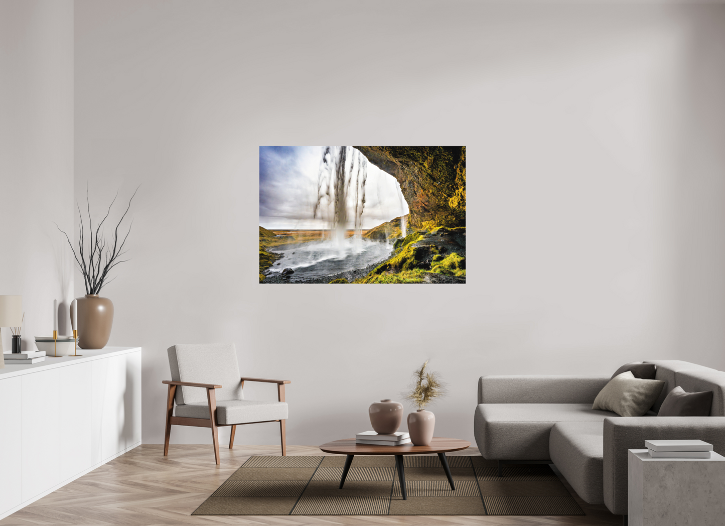 150 x 100 cm, Hahnemühle Photo Rag Bright White Hinter dem Schleier – Blick aus der Höhle des Seljalandsfoss