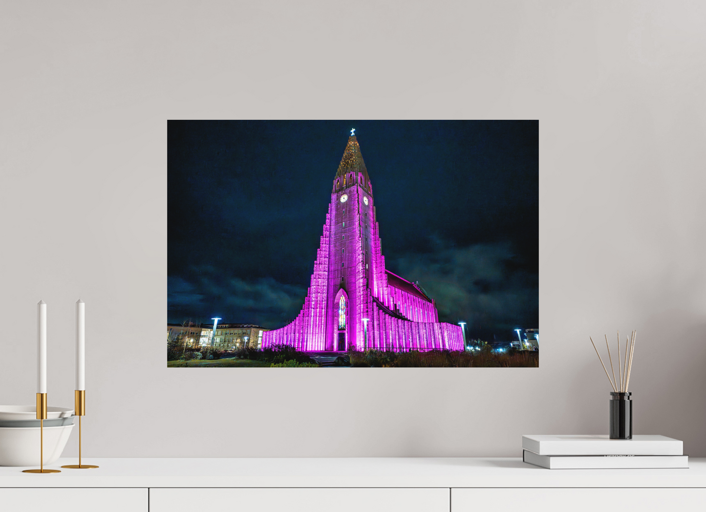 60 x 40 cm, Hahnemühle Photo Rag Bright White Hallgrímskirkja in Pink – Reykjavík