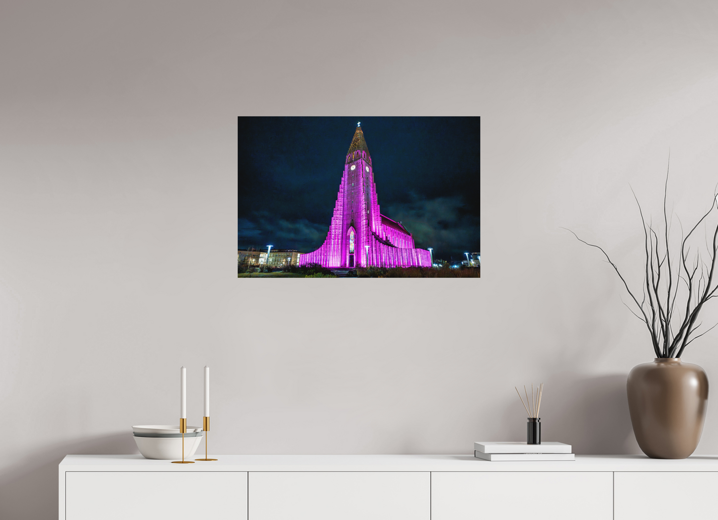 75 x 50 cm, Hahnemühle Photo Rag Bright White Hallgrímskirkja in Pink – Reykjavík