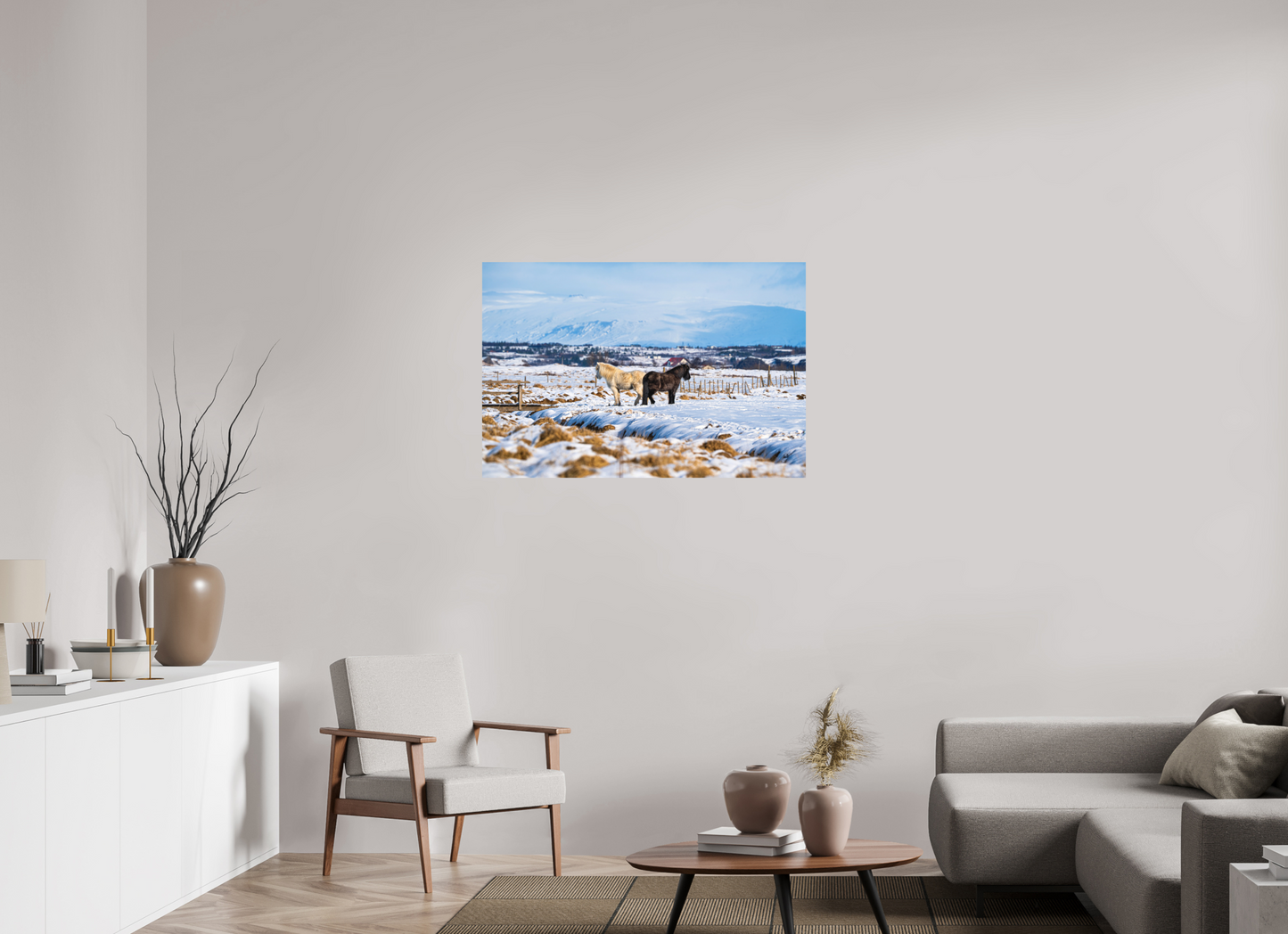 105 x 70 cm, Hahnemühle Photo Rag Bright White Winterruhe – Islandpferde im Schneeland